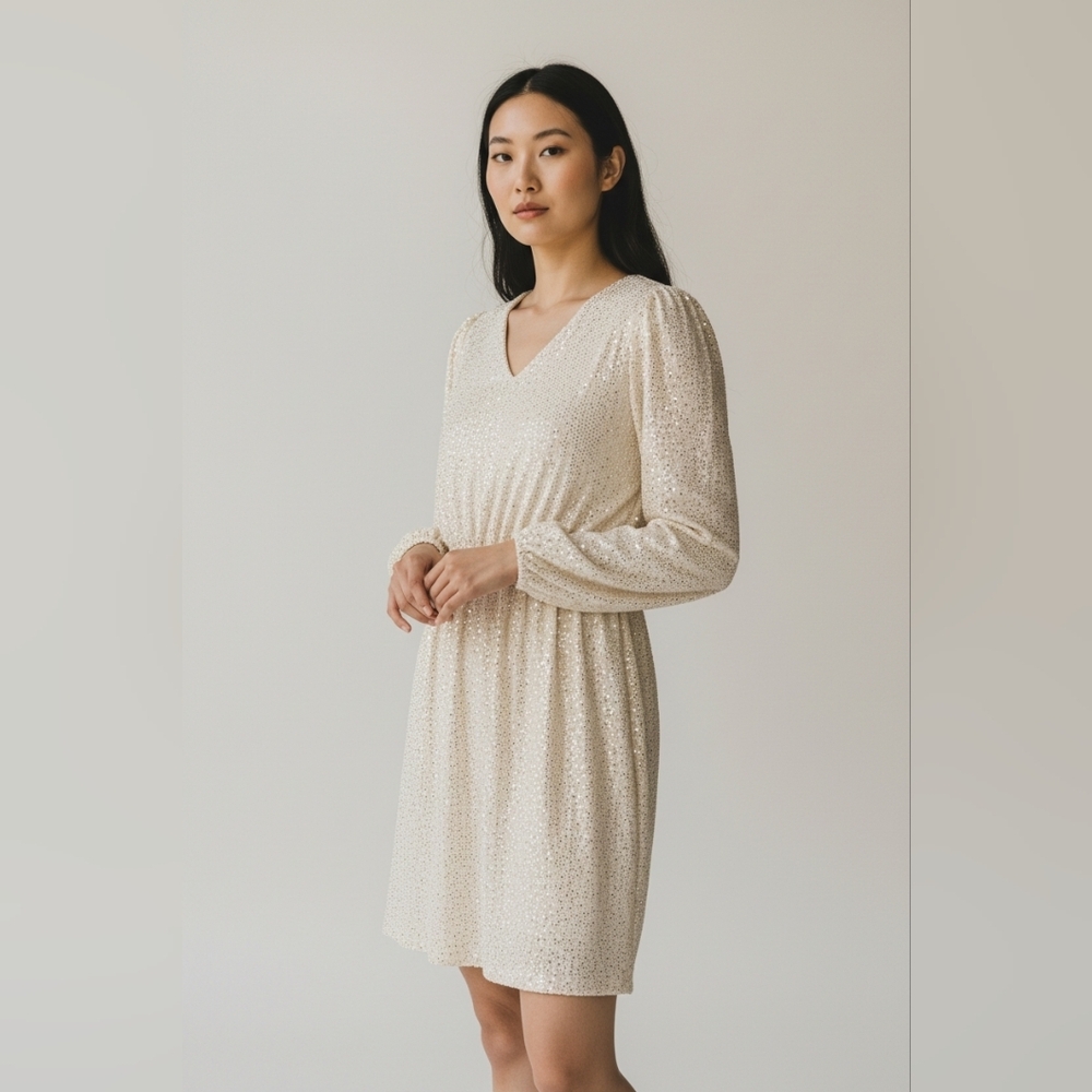 Fraiche By J Sparkle V Neck Cocktail Ivory Cinch Waist Sequin Dress Misses XL